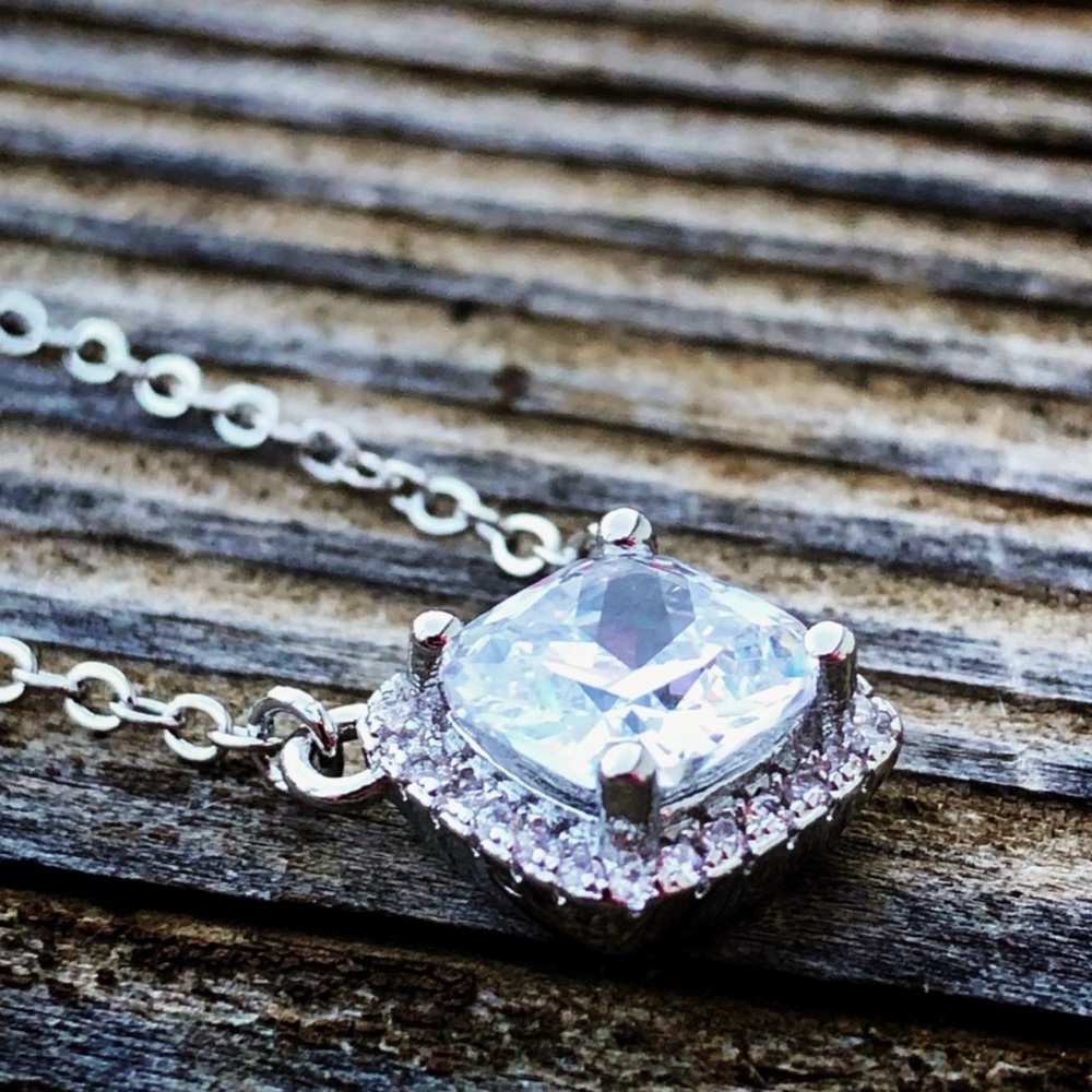 925 Cushion Cut Diamond with Halo Necklace - Picture 6 of 9